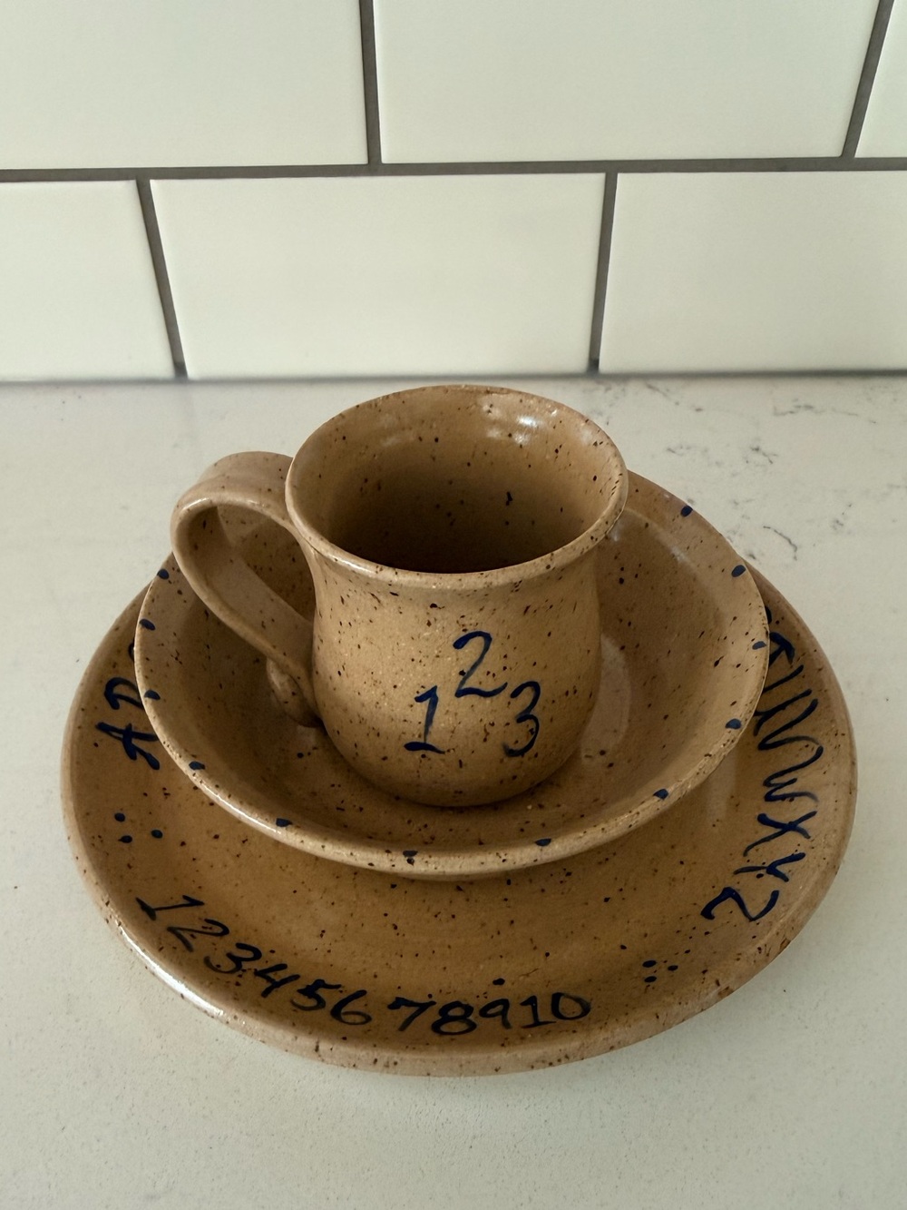 Sugar Loaf Pottery Hand Thrown Stoneware Child Plate Bowl Cup ABC 123 Dated 1991